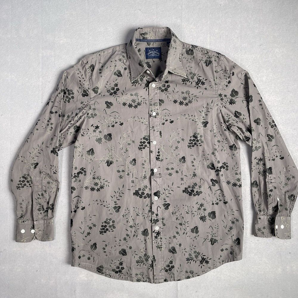 Indigo‎ Palms Casual Dress Shirt Men Medium Button Front Beige Velvet Textured